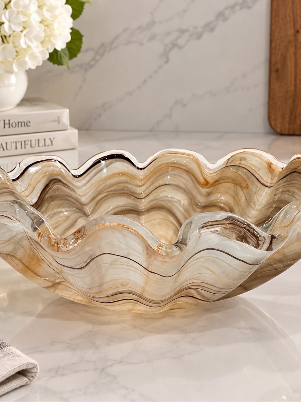 Italian Murano style art glass. 10x8 center piece brown, amber, beige glossy